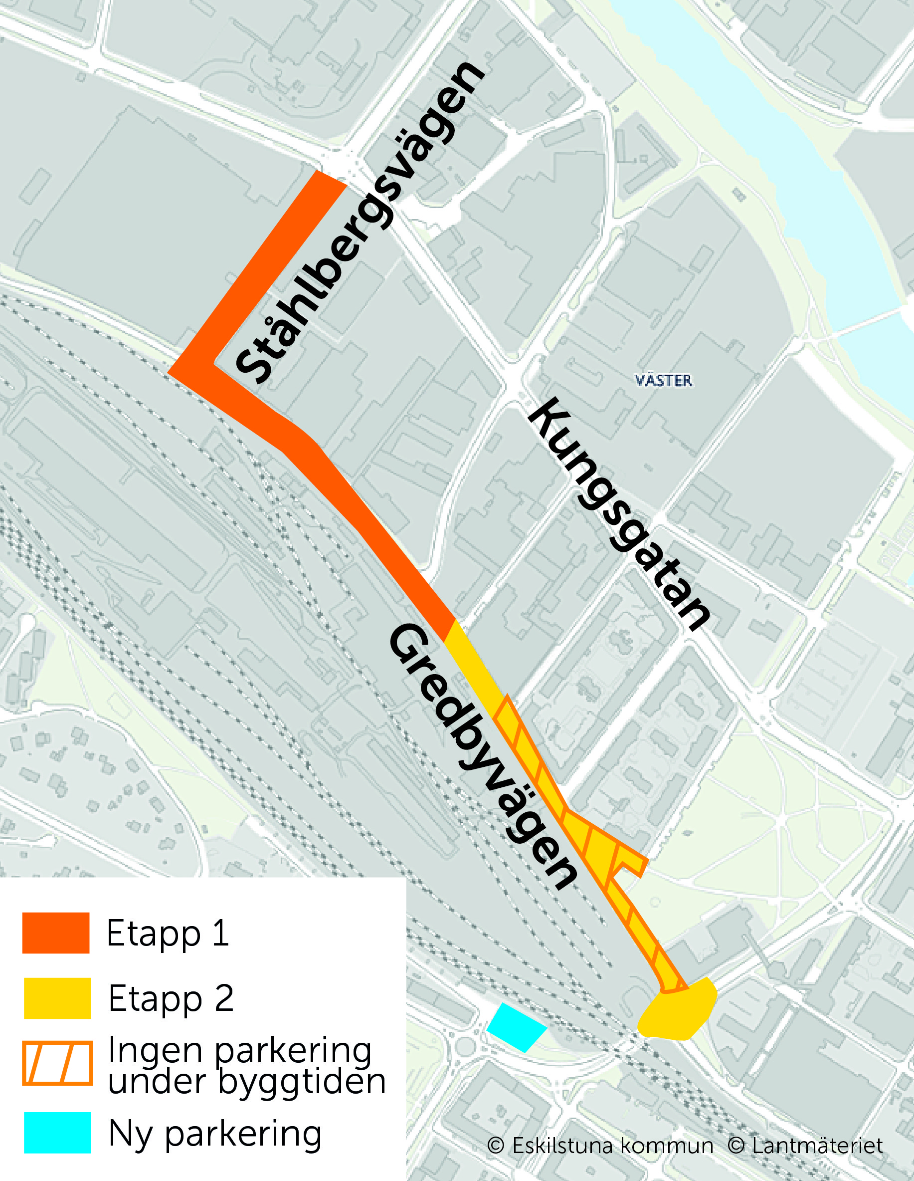 Karta över arbetsområdet och ny tillfällig parkering vid Tunavallen