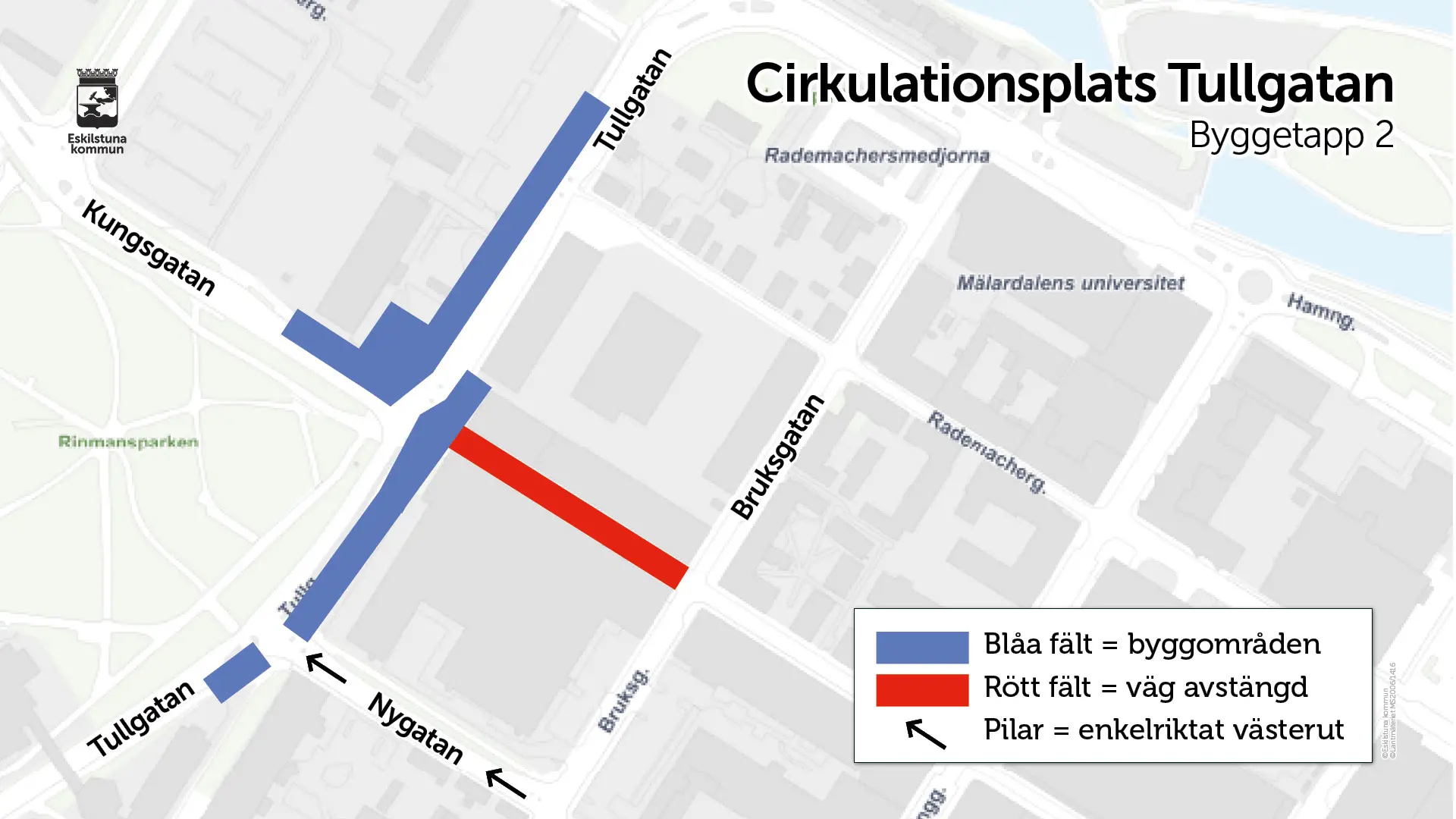 Kartbild över korsningen Tullgatan/Kungsgatan. Blåa fält indikerar arbetsområden för den nya rondellen.