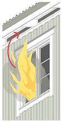 Eldsflammor genom ett fönster.
