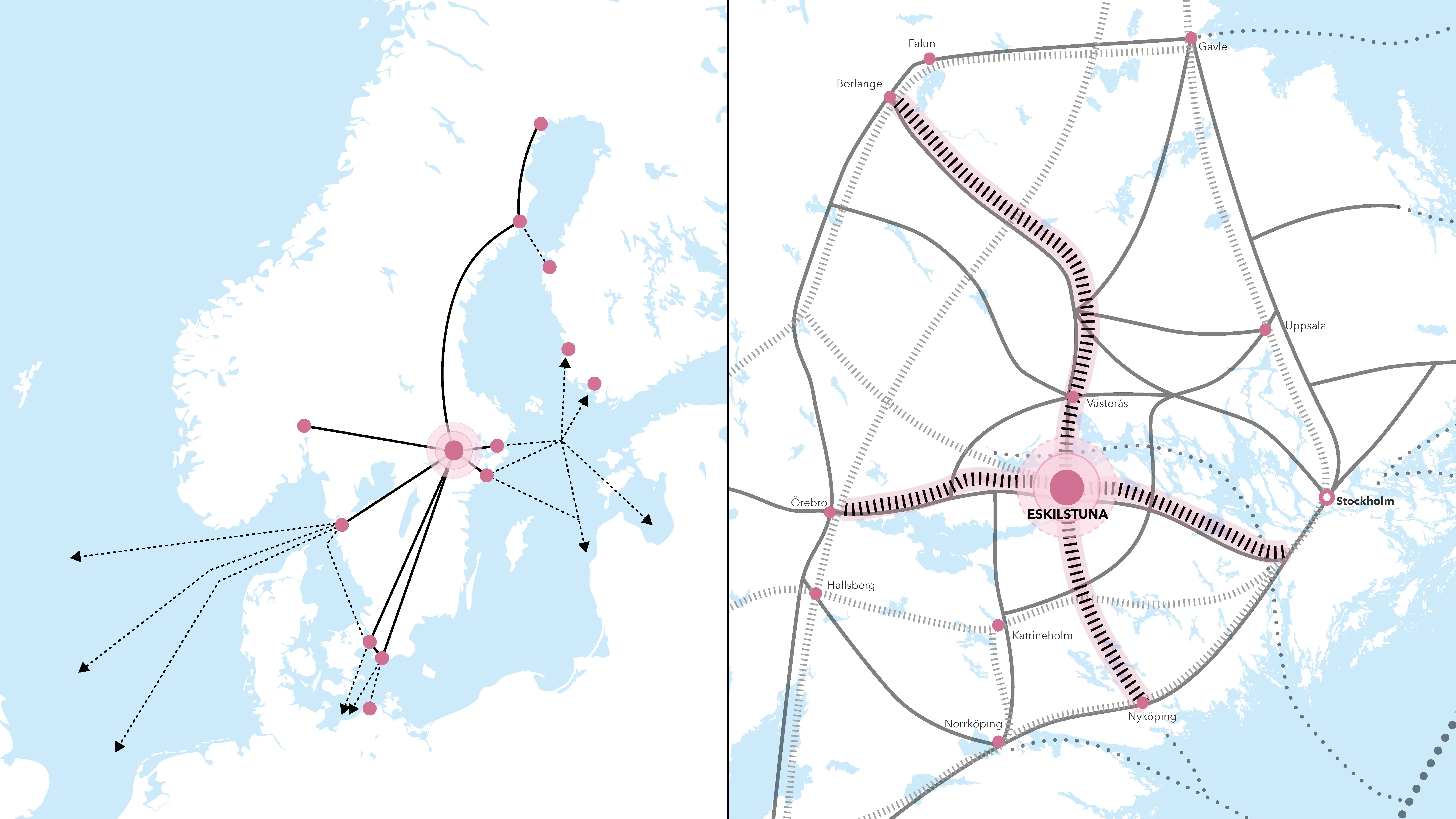 Två kartbilder som Eskiltunas geografiska läge i Sverige och hur det relaterar till omvärlden.